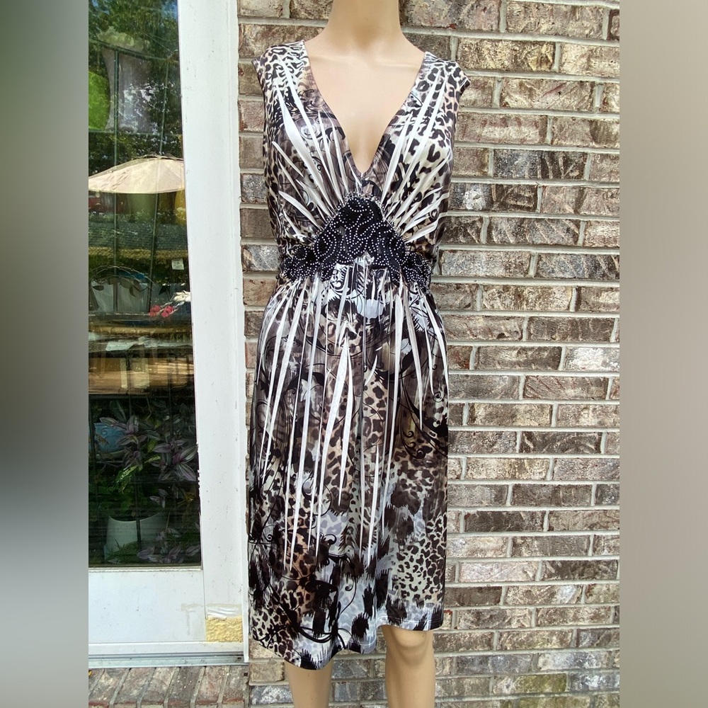 Brown/White/Black Beaded Mixed Animal Print Unity XL Party Midi Dress